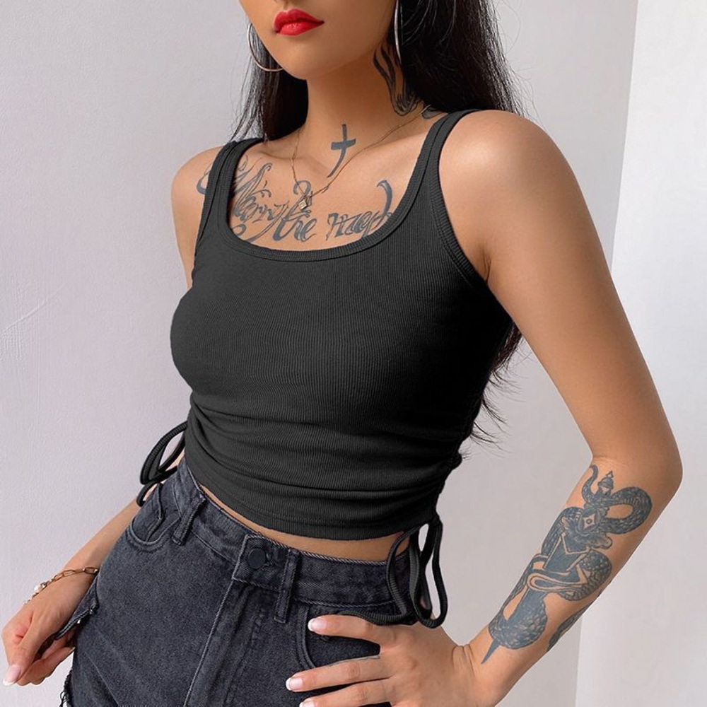 black cropped rib tank top with drawstrings